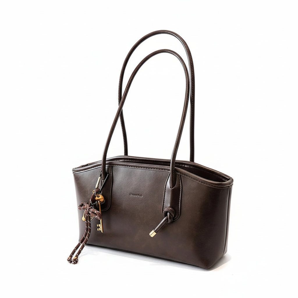 Тёмно-коричневая кожаная сумка на белом фоне